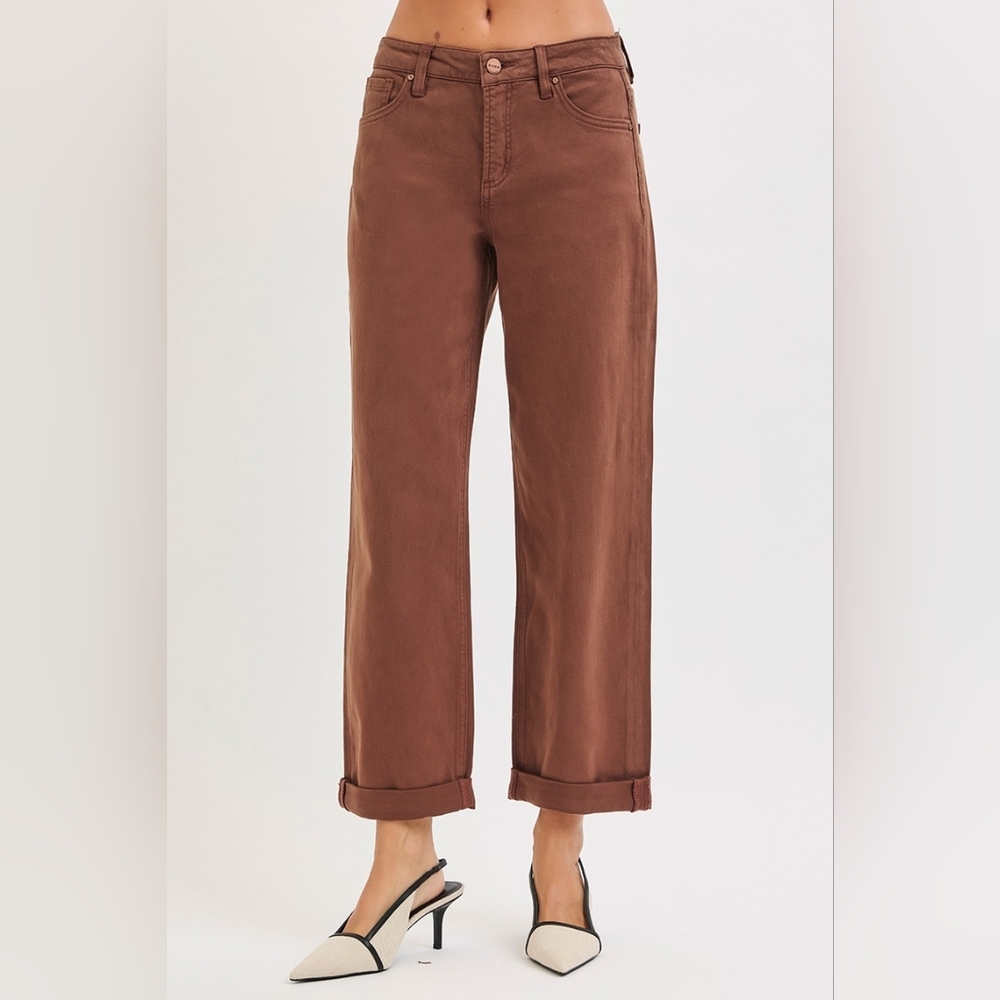 RISEN Mid-Rise Tummy Control Barrel Jeans Baggy Leg Rolled Hem Denim Pants Brown - Picture 12 of 16